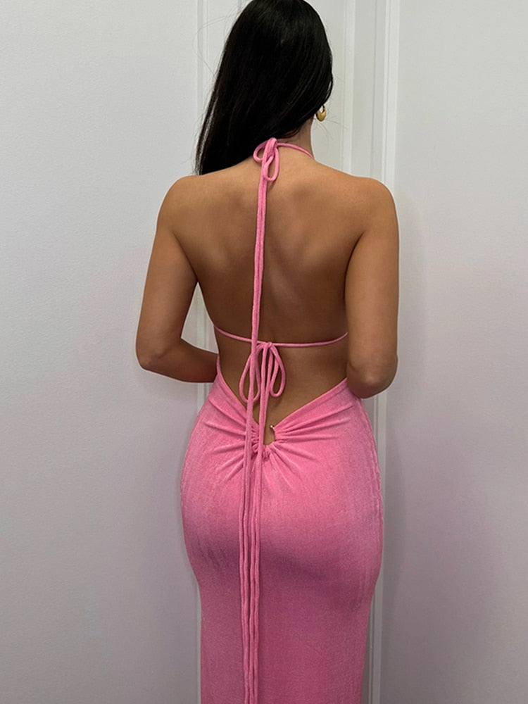 Backless Ruched Draped Maxi Dress Fanxity