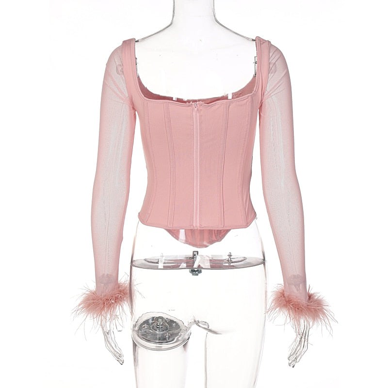 Mesh Feather Corset Long Sleeve Top Fanxity