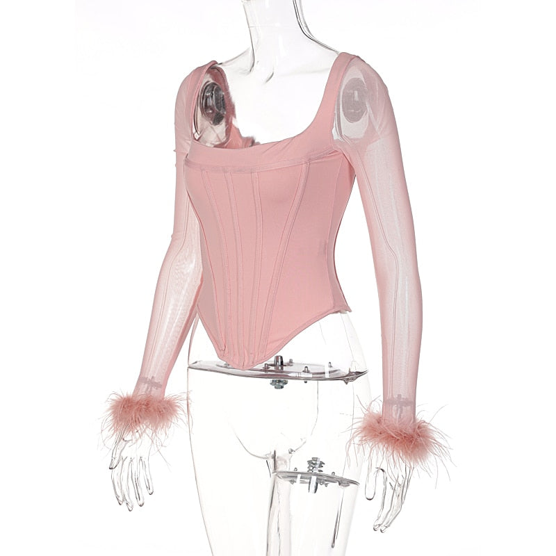 Mesh Feather Corset Long Sleeve Top Fanxity