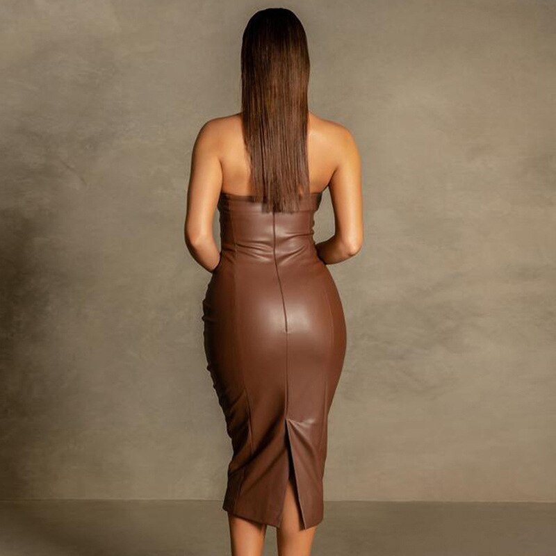Trisha Leather Midi Dress Fanxity