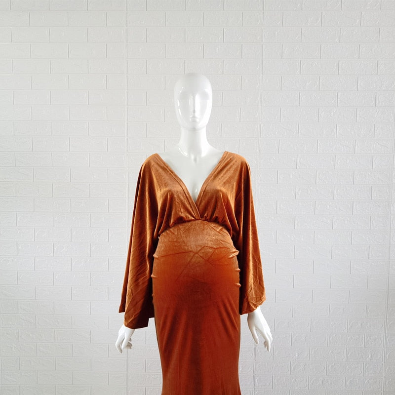 Velvet Boho Maternity V-neck Dress Fanxity
